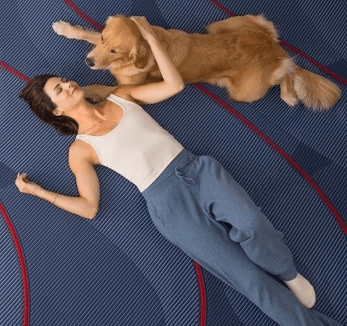 A woman and dog laying on a Posturepedic Elite Hybrid mattress- mobile
